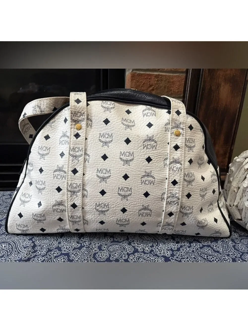 MCM Visetos Monogram Boston Bag / Satchel - White & Black